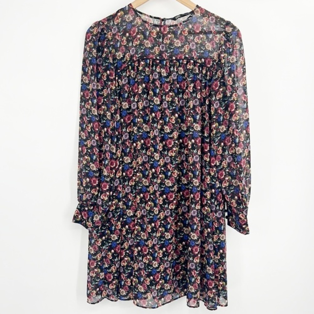 ZARA Floral Long Sleeve Babydoll Dress with Ruffle Front Black Pink Blue small